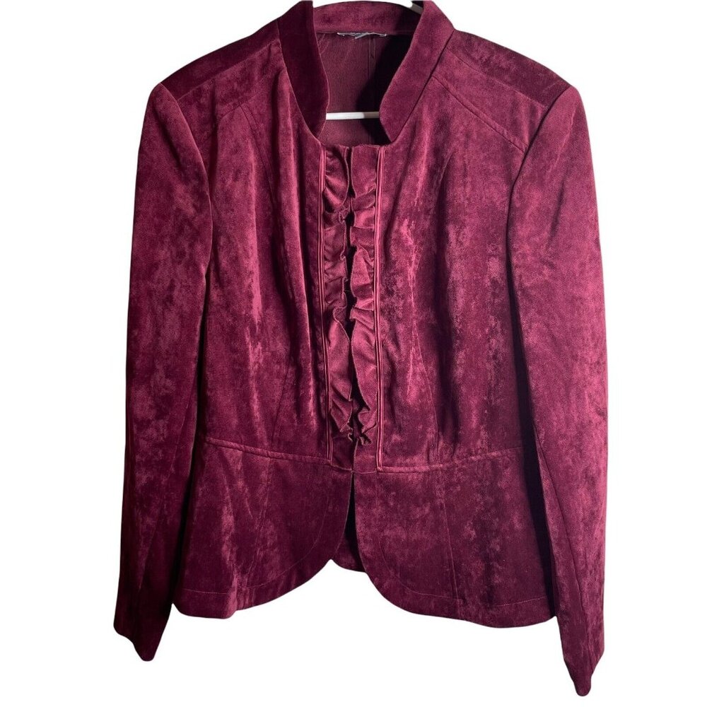 Cass Women's Velvet Ruffle Blazer Ribbon Trim Peplum Hem Button Cuff Size L